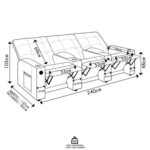 Imagem de Poltrona de Cinema Reclinável 3 Lugares Baú USB Mallie FH9 Veludo Vinho - Mpozenato