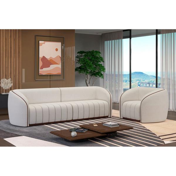 Imagem de Poltrona Decorativa 112cm West PU Marrom  Linho Alto Relevo Off White - Sallar Home