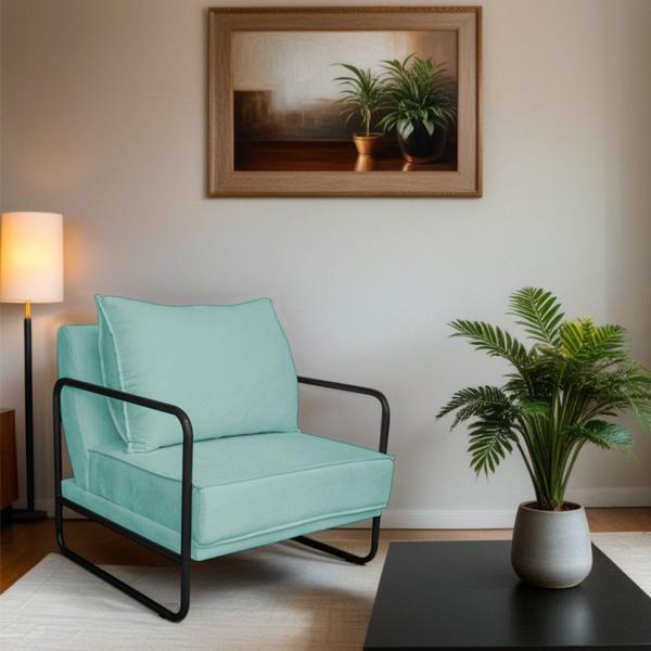 Poltrona Decorativa Base de Ferro Suede Santiago Azul Tiffany/Preto - Maranata Estofados Imagem de Poltrona Decorativa Base de Ferro Suede Santiago Azul Tiffany/Preto