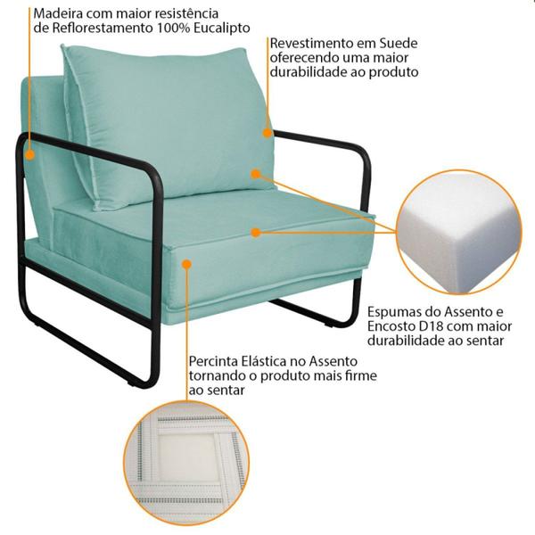 Poltrona Decorativa Base de Ferro Suede Santiago Azul Tiffany/Preto - Maranata Estofados Imagem de Poltrona Decorativa Base de Ferro Suede Santiago Azul Tiffany/Preto