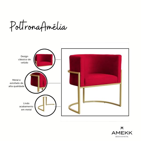 Imagem de Poltrona decorativa base de metal dourado com veludo Amekk Design