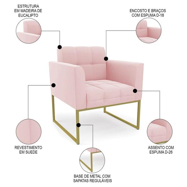 Imagem de Poltrona Decorativa Base Industrial Dourado Ana Suede Rosa Bebê - Ibiza