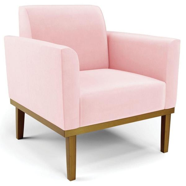 Imagem de Poltrona Decorativa Base Madeira Castanho Maressa Suede Rosa Bebê