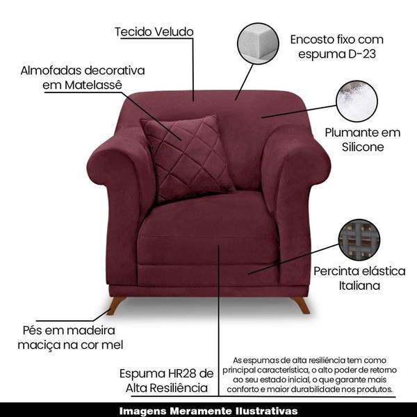 Imagem de Poltrona Decorativa com 1 Almofada Armstrong Veludo Vinho G63 - Gran Belo