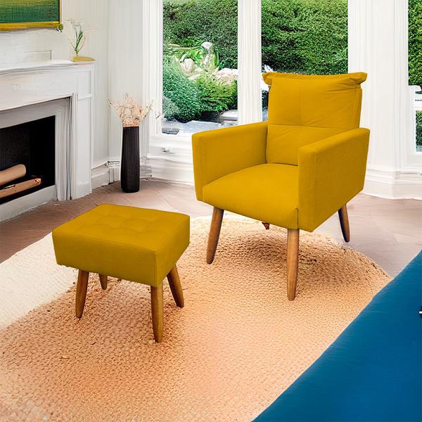 Imagem de Poltrona Decorativa Duda com Puff New para Sala e Quarto Suede Amarelo - LH Decor