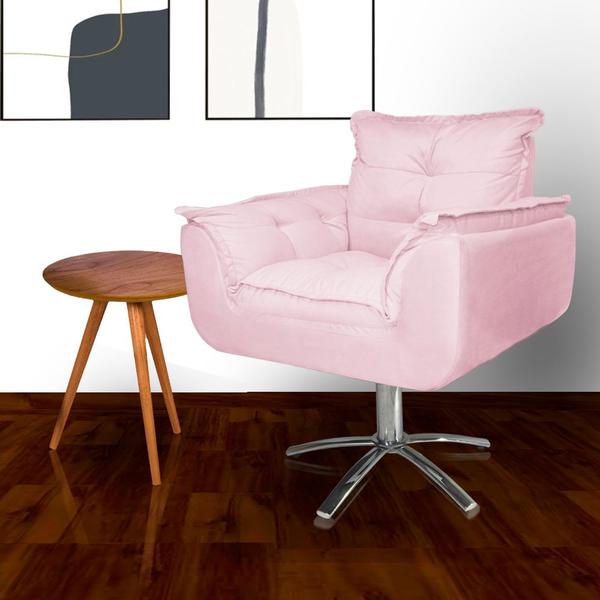 Imagem de Poltrona Decorativa Estofada Base Giratória de Metal Opala Suede Rosa Bebe - LM DECOR