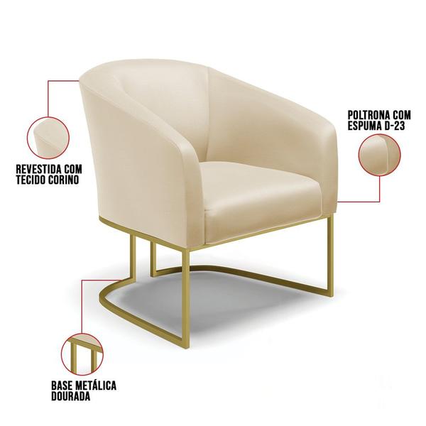 Imagem de Poltrona Decorativa Industrial Dourado Stella Sintético Bege D03 - D'Rossi