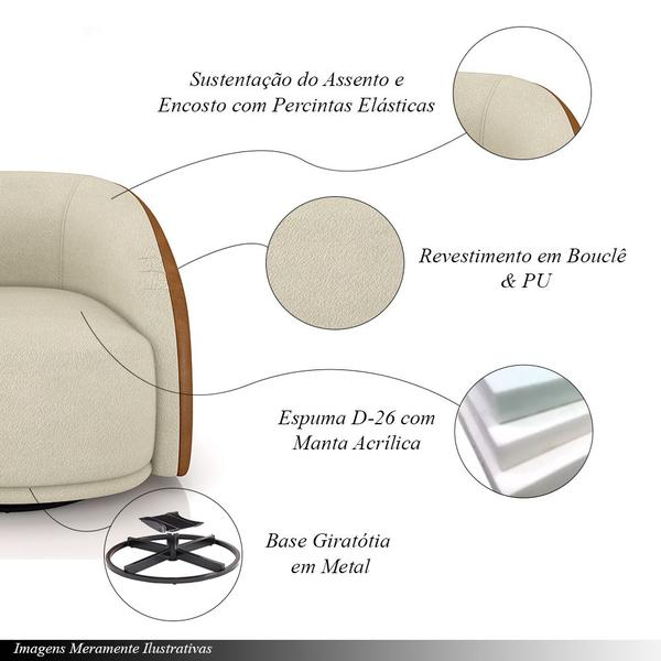 Imagem de Poltrona Decorativa Jenny Base Giratória em Metal Preto Bouclê Off White/Caramelo G45 - Gran Belo