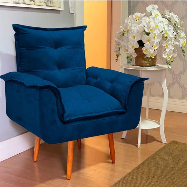 Imagem de Poltrona Decorativa Lidi Suede Azul Marinho Pés Palito Caramelo para Sala de Estar Luxo - Bela Decor