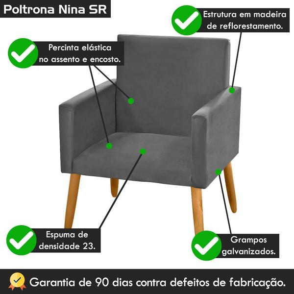 Imagem de Poltrona Decorativa Nina Pés Madeira Castanho Suede Cinza Grafite