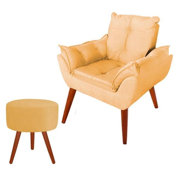 Imagem de Poltrona Decorativa Opala Suede Amarelo + Puff Pés Palito