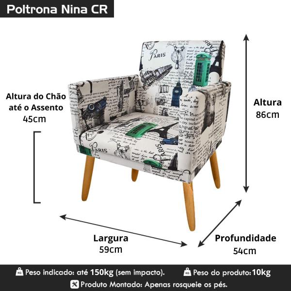 Imagem de Poltrona Decorativa Para Sala de Estar Nina Com lindas Estampas C/Rodapé Suede Diversas Cores