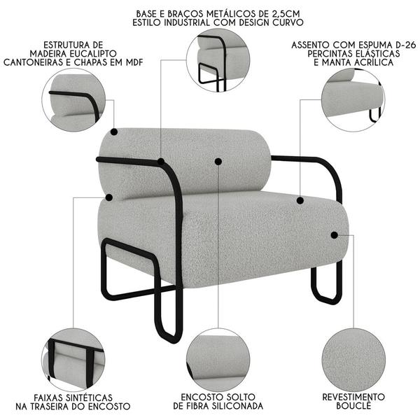 Imagem de Poltrona Decorativa para Sala Industrial Kira K04 Bouclê Cinza Claro - Mpozenato