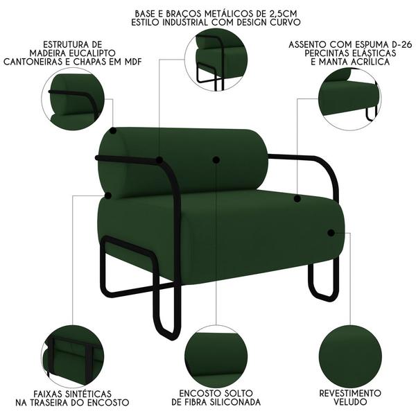 Imagem de Poltrona Decorativa para Sala Industrial Kira K04 Veludo Verde Musgo - Mpozenato