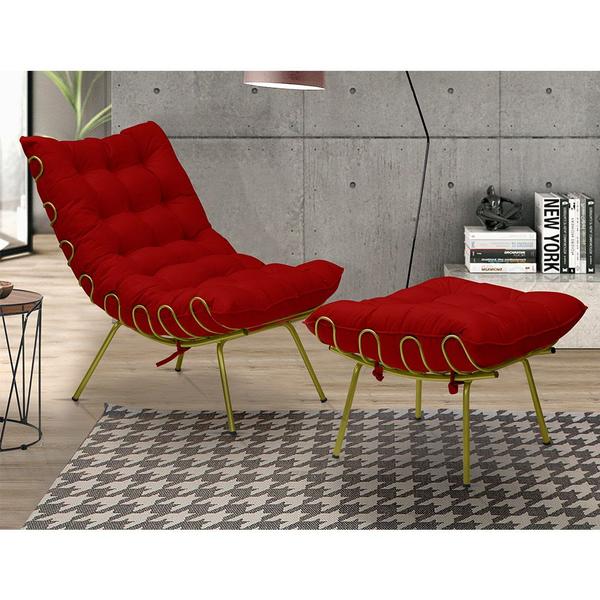 Imagem de Poltrona Decorativa Sala de Estar Abel Base de Ferro Dourada Suede Vermelho G41 - Gran Belo