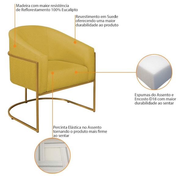 Imagem de Poltrona Decorativa Sala de Estar Recepção Luiza Base de Ferro Dourado Suede Amarelo - Amarena Móveis