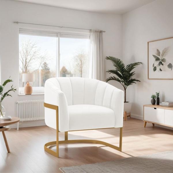 Imagem de Poltrona Decorativa Sala de Estar Recepção Mavie Base de Ferro Dourado Bouclé Branco - Amarena Móveis