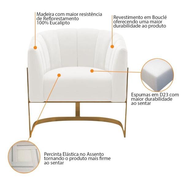 Imagem de Poltrona Decorativa Sala de Estar Recepção Mavie Base de Ferro Dourado Bouclé Branco - Amarena Móveis