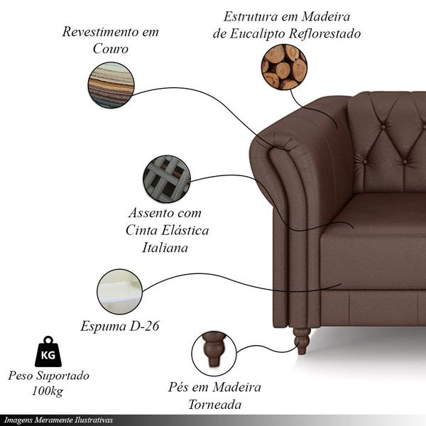 Imagem de Poltrona Decorativa Sala de Estar Stanford Chesterfield Pés de Madeira Couro Marrom Brilho G58 - Gran Belo