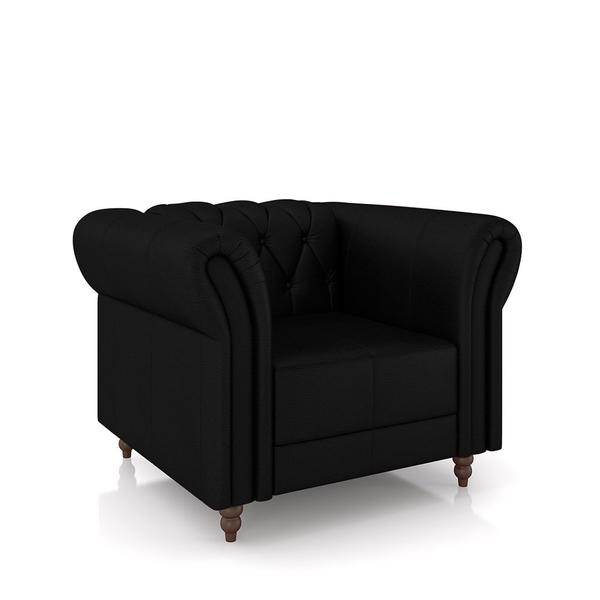 Imagem de Poltrona Decorativa Sala de Estar Stanford Chesterfield Pés de Madeira Couro Preto Brilho G58 - Gran Belo