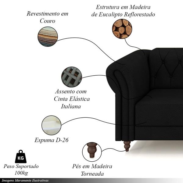 Imagem de Poltrona Decorativa Sala de Estar Stanford Chesterfield Pés de Madeira Couro Preto G58 - Gran Belo