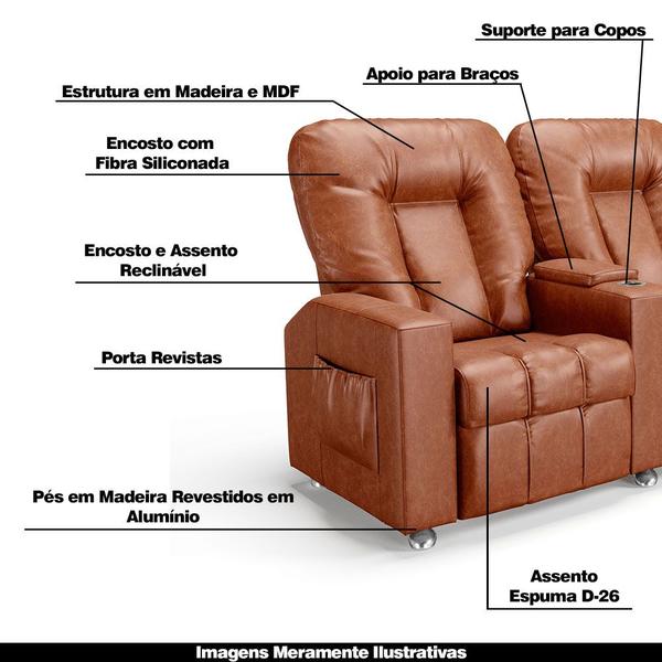 Imagem de Poltrona do Papai Reclinável 2 Lugares Sala de Cinema Arsenal Manual PU Camel G23 - Encantum