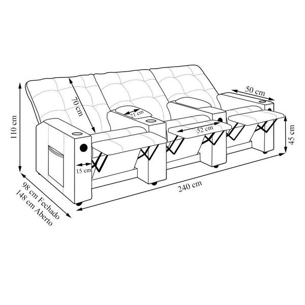 Imagem de Poltrona do Papai Reclinável Cinema 3 Lugares Manual Baú USB Haifa F05 Facto Marrom - Lyam Decor