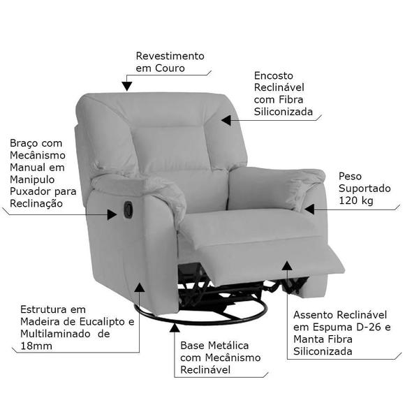 Imagem de Poltrona do Papai Reclinável Giratória com Balanço Doha Couro Cinza G43 - Gran Belo