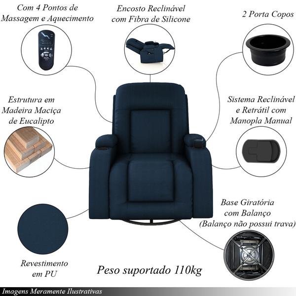 Imagem de Poltrona do Papai Reclinável Giratória e Balanço Sala de Cinema Crihs com Massagem e Aquecimento PU Azul G23 - Gran Belo