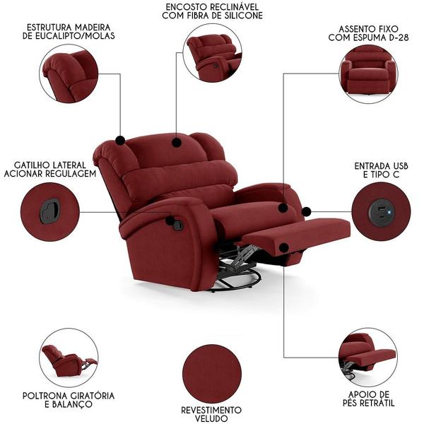 Imagem de Poltrona do Papai Reclinável Kalie Glider Giratória USB FH9 Veludo Vermelho - Mpozenato