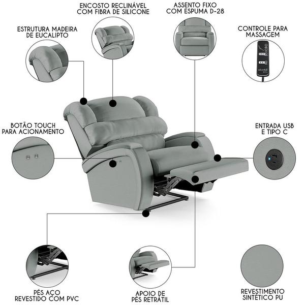 Imagem de Poltrona do Papai Reclinável Kalie Power Touch Massagem FH9 PU Cinza - Mpozenato