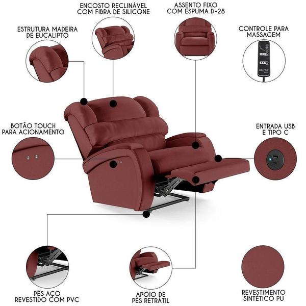 Imagem de Poltrona Do Papai Reclinável Kalie Power Touch Massagem Fh9 Pu Vermelho - Mpozenato