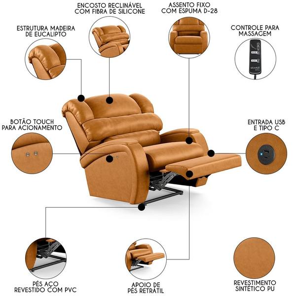 Imagem de Poltrona do Papai Reclinável Kalie Power Touch Massagem FH9 PU Whisky - Mpozenato