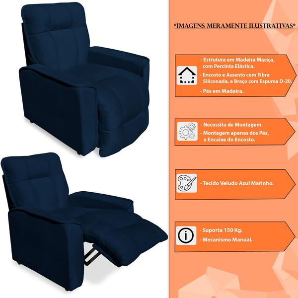 Imagem de Poltrona do Papai Reclinável Manual Comfort Veludo Azul Marinho - Montanaris Decor