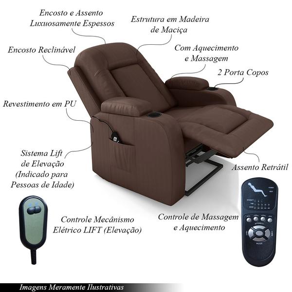 Imagem de Poltrona do Papai Reclinável Massagem e Aquecimento com Elevação Lift 150 2 Porta Copos Gambon PU Marrom Chocolate G31 - Gran Belo