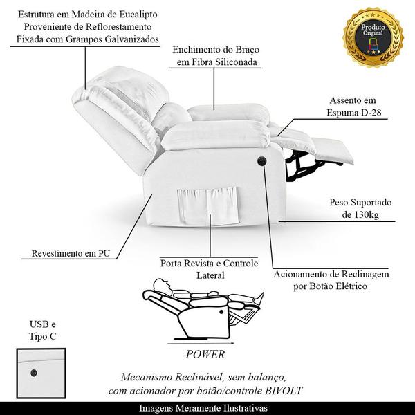 Imagem de Poltrona do Papai Reclinável Melim Controle Power Elétrico USB PU Branco FH1 - D'Rossi