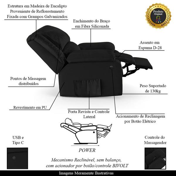 Imagem de Poltrona do Papai Reclinável Melim Elétrica LED Massagem PU Preto FH1 - D'Rossi