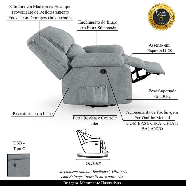 Imagem de Poltrona do Papai Reclinável Melim Glider Giratória USB Linho FH1 - D'Rossi