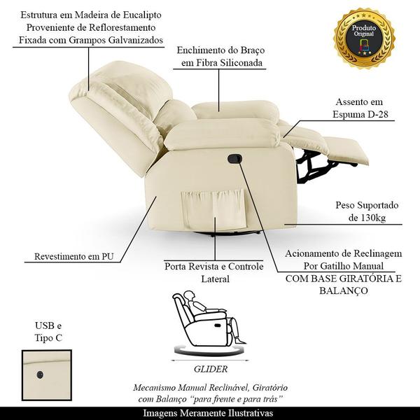 Imagem de Poltrona do Papai Reclinável Melim Glider Giratória USB Sintético PU FH1 - D'Rossi