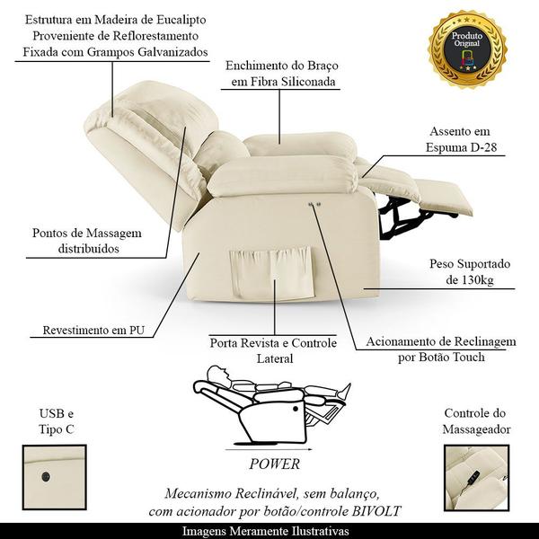 Imagem de Poltrona do Papai Reclinável Melim Power Touch Massagem PU Bege FH1 - D'Rossi