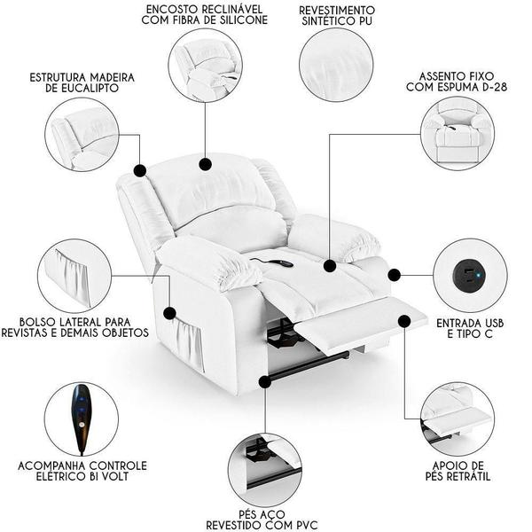 Imagem de Poltrona Do Papai Reclinável Pietra Controle Power Elétrico Usb Fh9 Pu Branco - Mpozenato