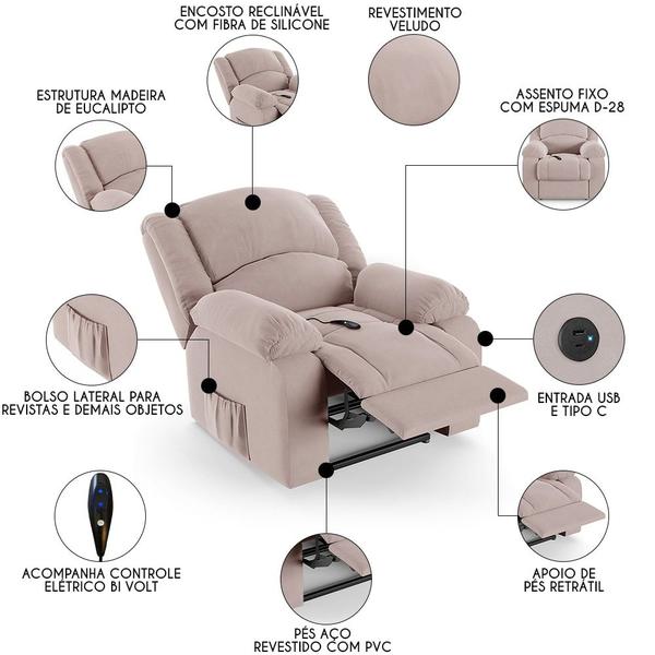 Imagem de Poltrona do Papai Reclinável Pietra Controle Power Elétrico USB FH9 Veludo Rosê - Mpozenato