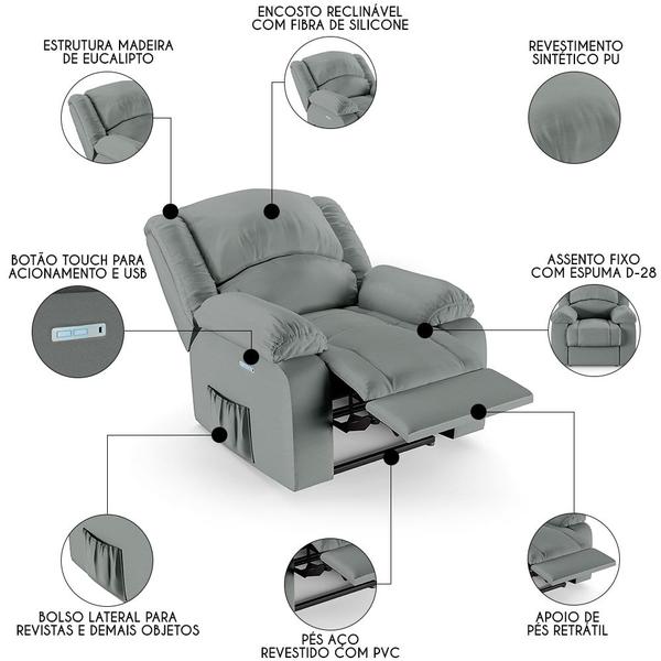 Imagem de Poltrona do Papai Reclinável Pietra Elétrica LED FH9 PU Cinza - Mpozenato