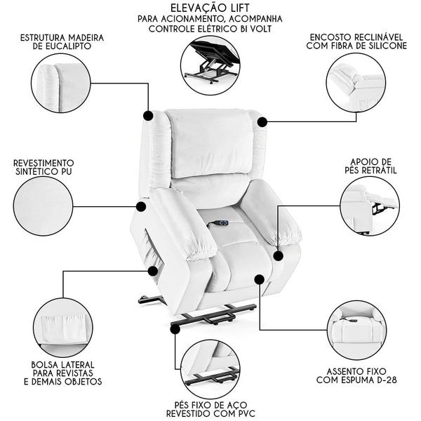 Imagem de Poltrona do Papai Reclinável Pietra Elevação Lift Elétrico FH9 PU Branco - Mpozenato