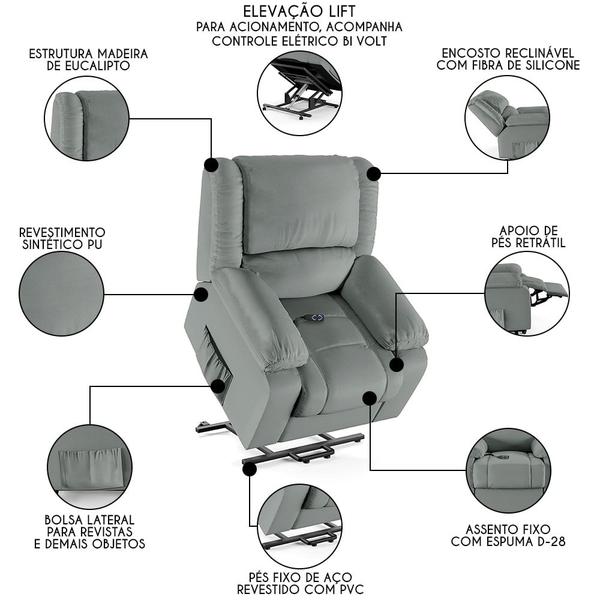 Imagem de Poltrona do Papai Reclinável Pietra Elevação Lift Elétrico FH9 PU Cinza - Mpozenato