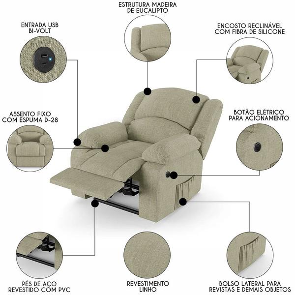 Imagem de Poltrona do Papai Reclinável Pietra Power Elétrica USB FH9 Linho Bege - Mpozenato