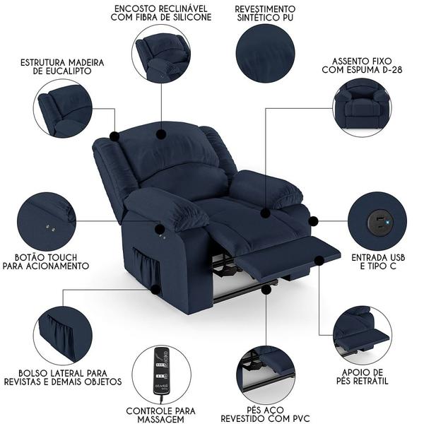 Imagem de Poltrona do Papai Reclinável Pietra Power Touch Massagem FH9 PU Azul - Mpozenato