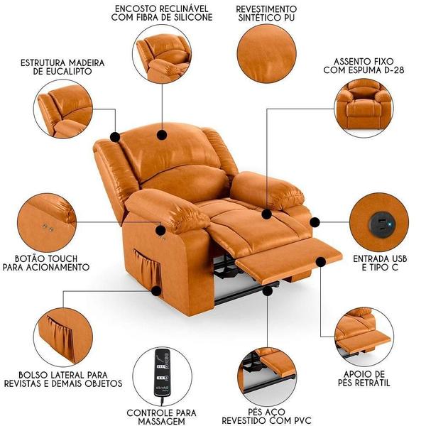 Imagem de Poltrona Do Papai Reclinável Pietra Power Touch Massagem Fh9 Pu Whisky - Mpozenato