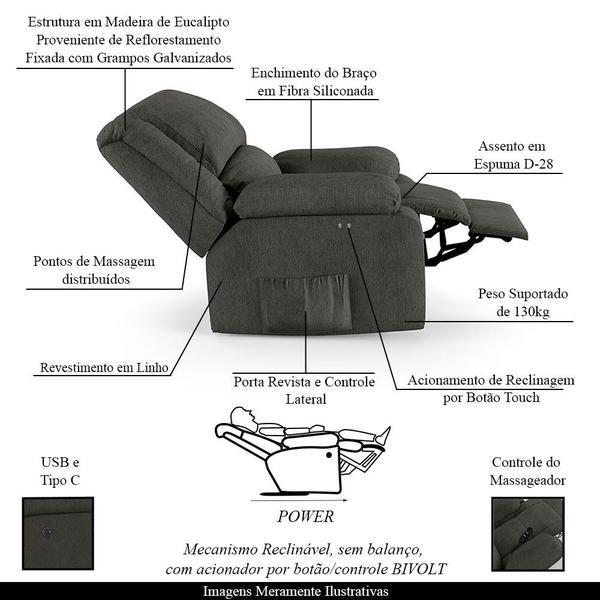 Imagem de Poltrona do Papai Reclinável Sala de Cinema Barcelona Power Touch Massagem USB Linho Chumbo  G23