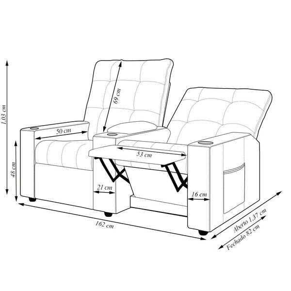Imagem de Poltrona do Papai Reclinável Sala de Cinema Palace 2 Lugares Manual Baú USB Linho Chumbo G23